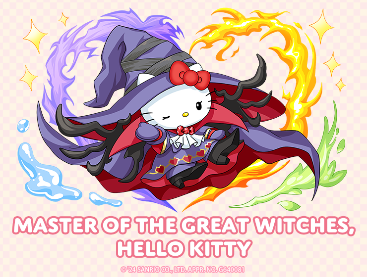 Hello Kitty depicted as a witch with four elements surrounding her