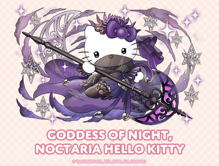 Hello Kitty depicted as a Godden of Night, Noctaria. She's dress in a lot of purple with a moon and stars motif.