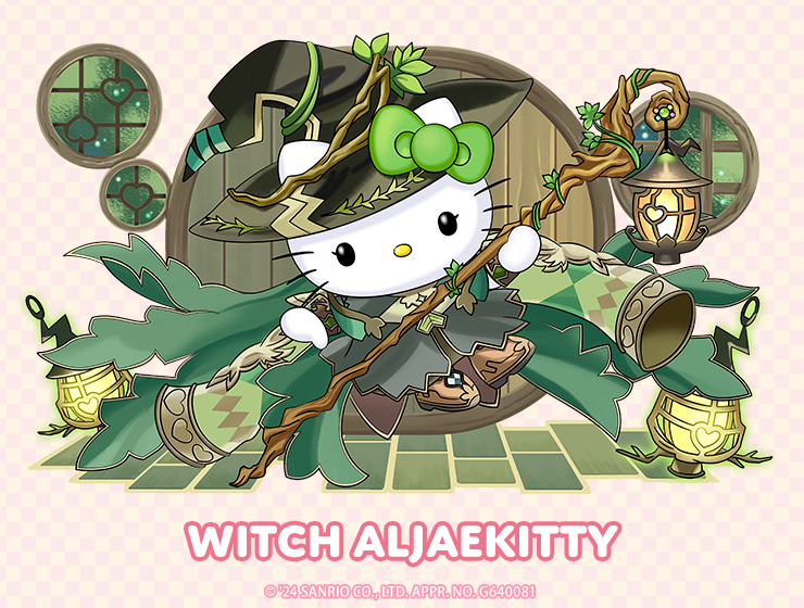 Hello Kitty dressed as "Witch Aljaekitty" wearing a lot of greens and neutrals holding a broom.