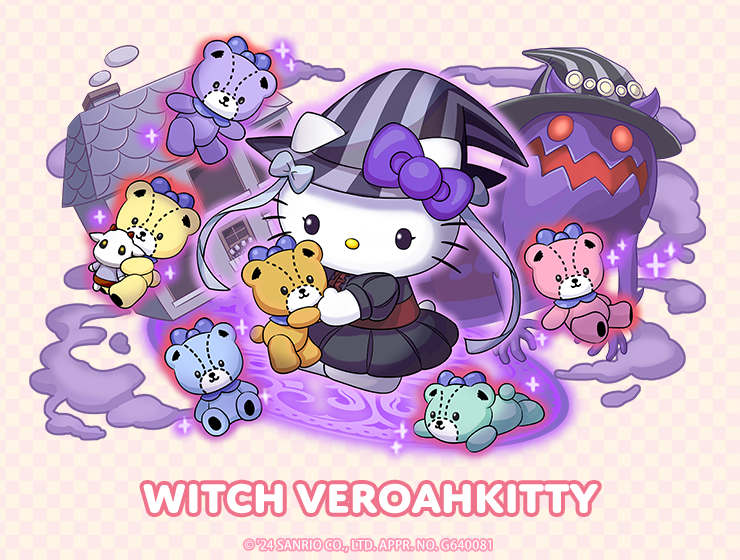 Hello Kitty dressed as "Witch Veroahkitty" wearing a striped hat, black dress, and surrounded by swirls of purple and several multicolored bear plushies.