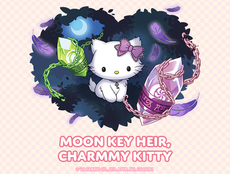 Hello Kitty's Persian, Charmmy - a white cat with pink bow surrounded by a few crystals.