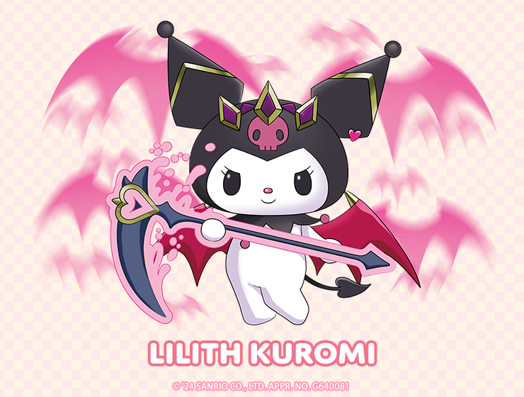 Kuromi dressed as lillith. She's got a black hat in the shape of her ears with a pink skull, holding a scythe.