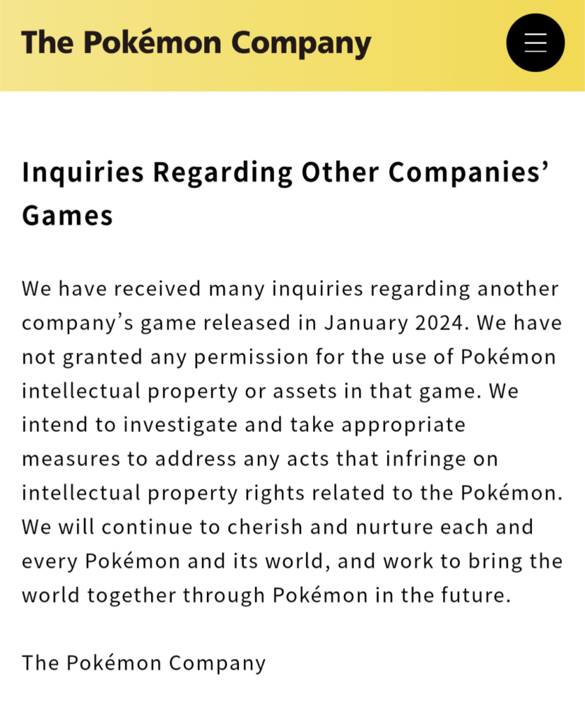 Official Nintendo statement regarding Palworld and a mod thet they sent a DMCA to.