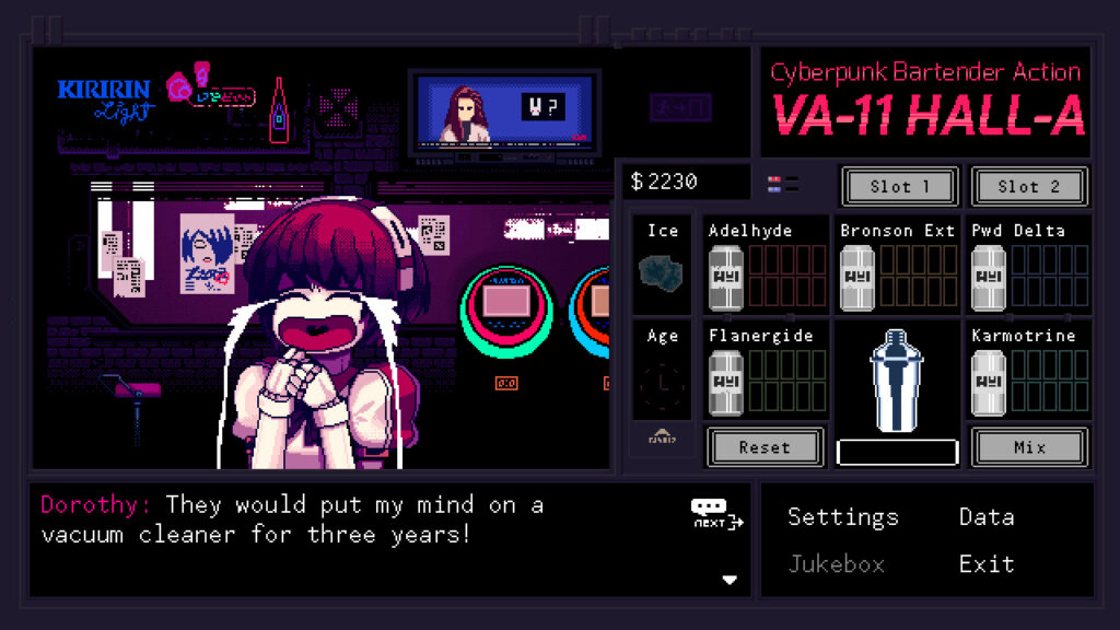 Cyberpunk bar scene with characters talking.